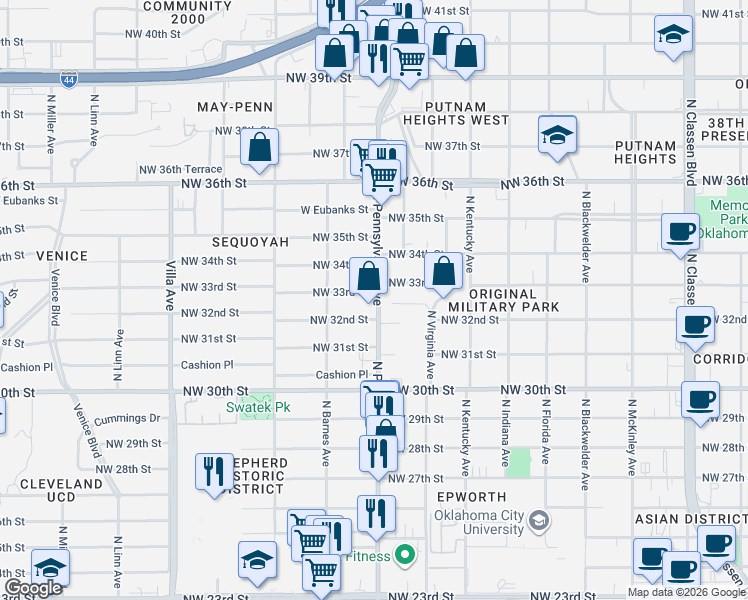 map of restaurants, bars, coffee shops, grocery stores, and more near 3301 North Pennsylvania Avenue in Oklahoma City