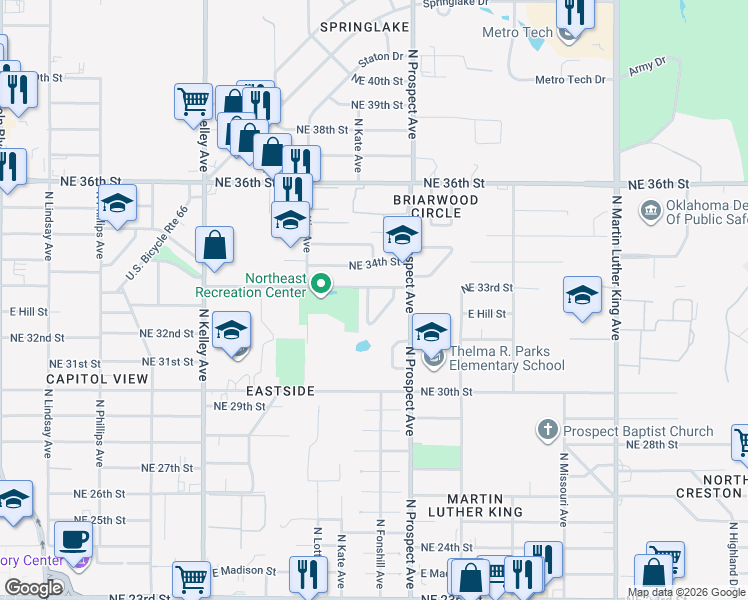 map of restaurants, bars, coffee shops, grocery stores, and more near 3333 Sherman Terrace in Oklahoma City