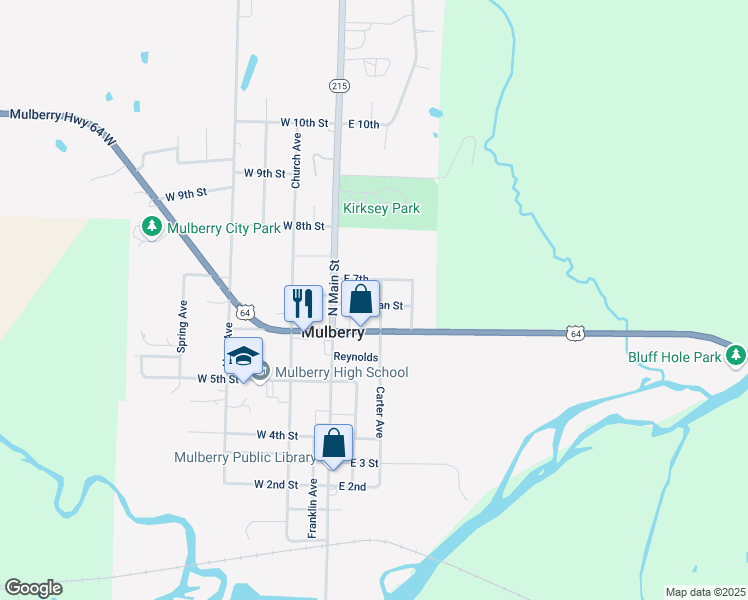 map of restaurants, bars, coffee shops, grocery stores, and more near 128 East Holman Street in Mulberry