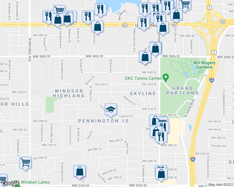 map of restaurants, bars, coffee shops, grocery stores, and more near 3912 Northwest 32nd Street in Oklahoma City