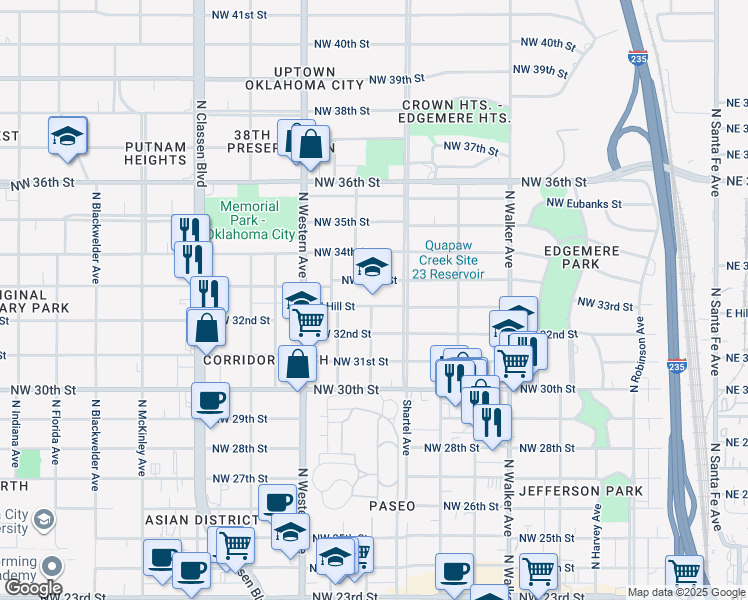 map of restaurants, bars, coffee shops, grocery stores, and more near 3333 North Shartel Avenue in Oklahoma City