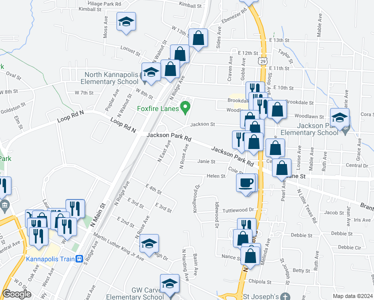 map of restaurants, bars, coffee shops, grocery stores, and more near 520 North Rose Avenue in Kannapolis