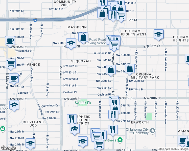 map of restaurants, bars, coffee shops, grocery stores, and more near 2220 Northwest 33rd Street in Oklahoma City