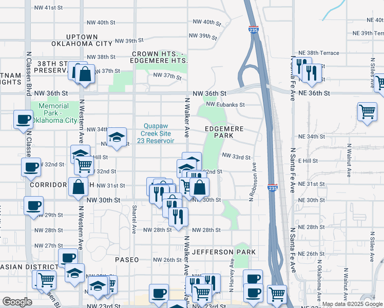 map of restaurants, bars, coffee shops, grocery stores, and more near 423 West Hill Street in Oklahoma City