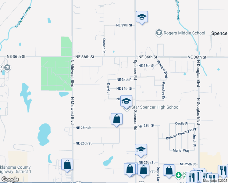 map of restaurants, bars, coffee shops, grocery stores, and more near 3412 Daryl Lane in Spencer