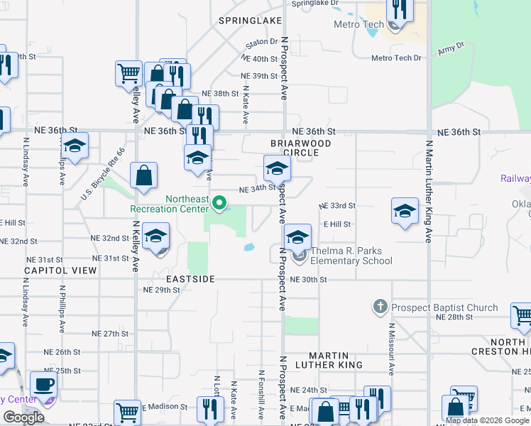 map of restaurants, bars, coffee shops, grocery stores, and more near 3333 Sherman Terrace in Oklahoma City
