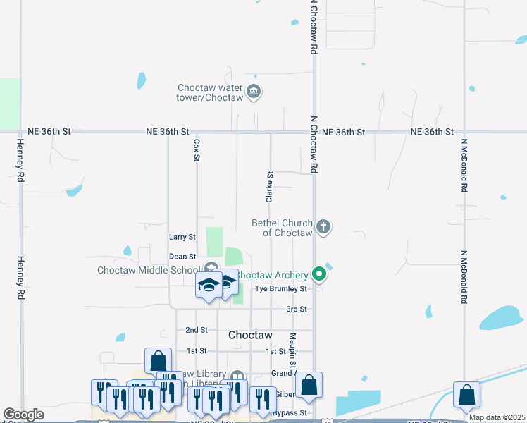 map of restaurants, bars, coffee shops, grocery stores, and more near 3320 Clarke Street in Choctaw