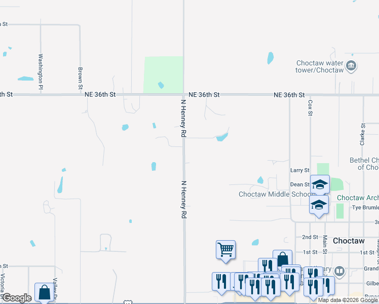 map of restaurants, bars, coffee shops, grocery stores, and more near 3352 North Henney Road in Choctaw