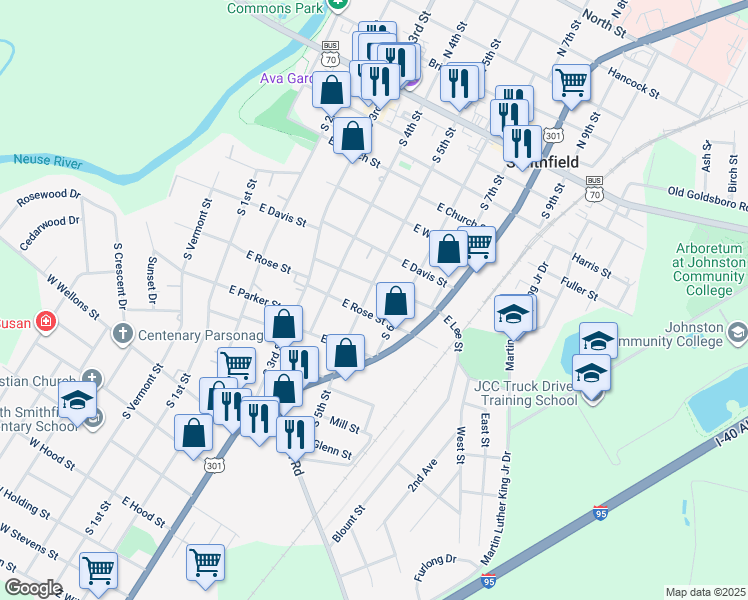 map of restaurants, bars, coffee shops, grocery stores, and more near 509 East Rose Street in Smithfield