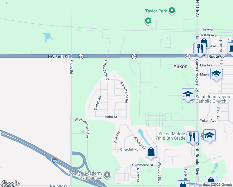 map of restaurants, bars, coffee shops, grocery stores, and more near 516 Derail Street in Yukon