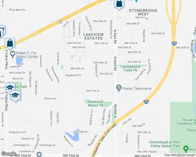 map of restaurants, bars, coffee shops, grocery stores, and more near 10617 Northwest 33rd Terrace in Yukon