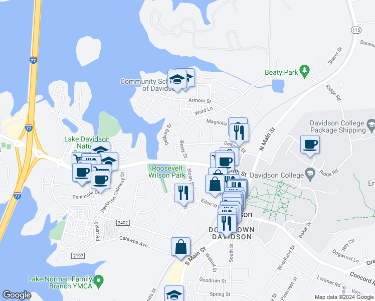 map of restaurants, bars, coffee shops, grocery stores, and more near 428 Beaty Street in Davidson