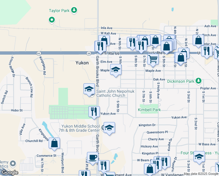 map of restaurants, bars, coffee shops, grocery stores, and more near South 10th Street in Yukon