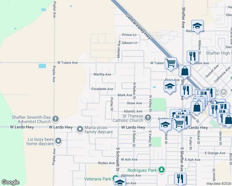 map of restaurants, bars, coffee shops, grocery stores, and more near 506 Mark Avenue in Shafter