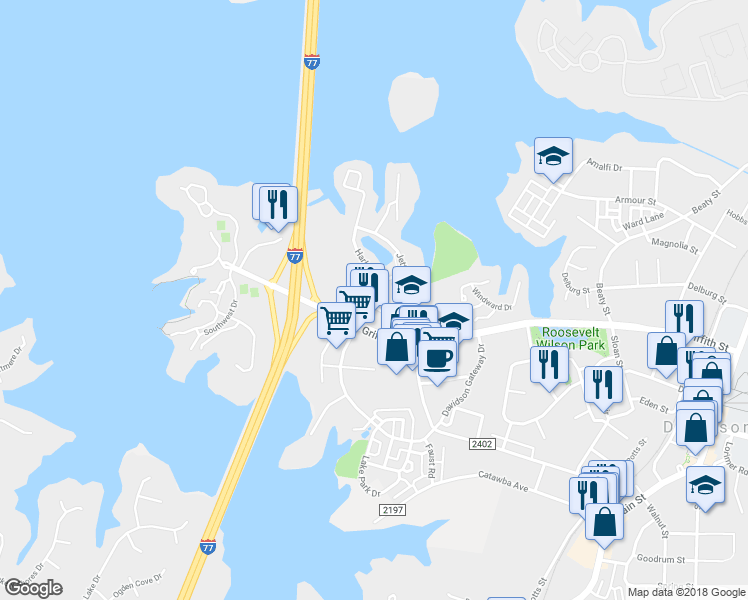 map of restaurants, bars, coffee shops, grocery stores, and more near 218 Harbour Place Drive in Davidson