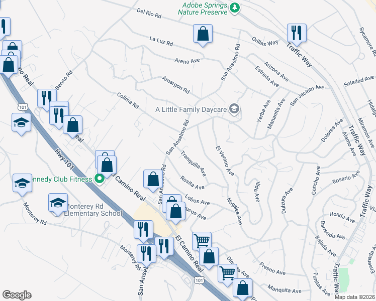 map of restaurants, bars, coffee shops, grocery stores, and more near 4125 Tranquilla Avenue in Atascadero