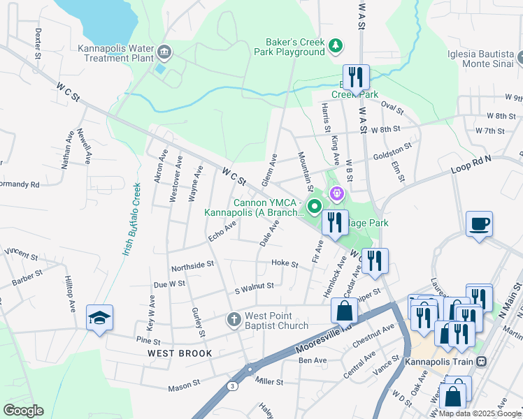 map of restaurants, bars, coffee shops, grocery stores, and more near 1008 Orangewood Street in Kannapolis