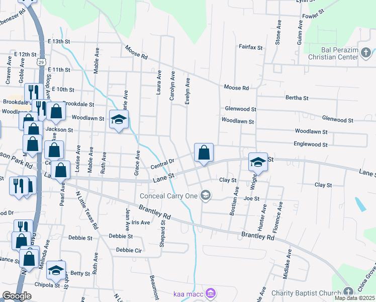map of restaurants, bars, coffee shops, grocery stores, and more near 1705 Central Drive in Kannapolis