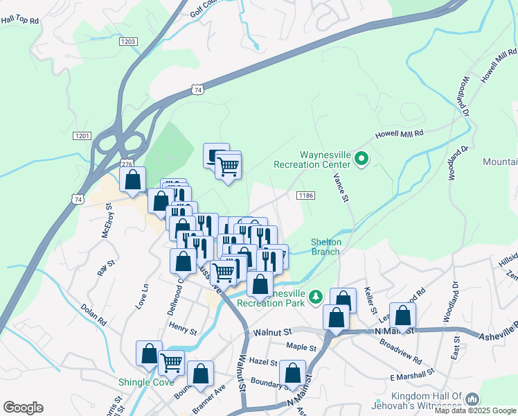 map of restaurants, bars, coffee shops, grocery stores, and more near 291 Howell Mill Road in Waynesville