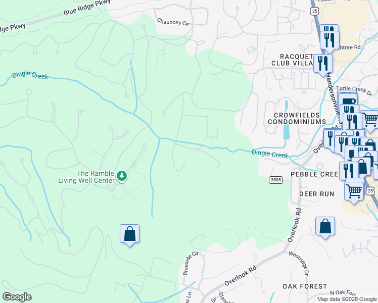map of restaurants, bars, coffee shops, grocery stores, and more near 353 Dingle Creek Lane in Asheville