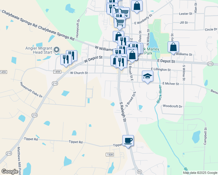 map of restaurants, bars, coffee shops, grocery stores, and more near 70 Crestview Dr in Angier