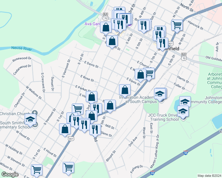 map of restaurants, bars, coffee shops, grocery stores, and more near 409 East Rose Street in Smithfield