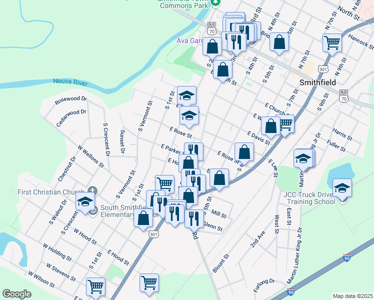 map of restaurants, bars, coffee shops, grocery stores, and more near 214 East Parker Street in Smithfield