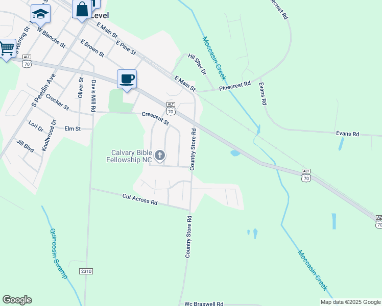 map of restaurants, bars, coffee shops, grocery stores, and more near 141 Country Store Road in Selma