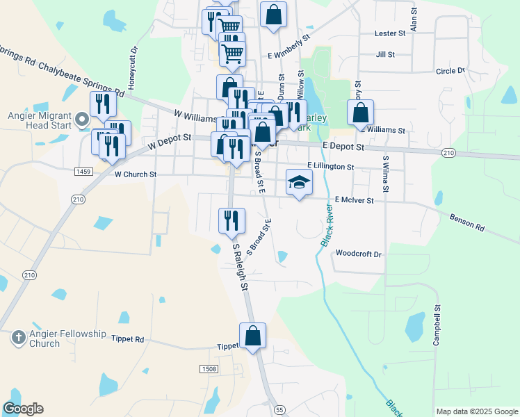 map of restaurants, bars, coffee shops, grocery stores, and more near 42 Old Trestle Court in Angier