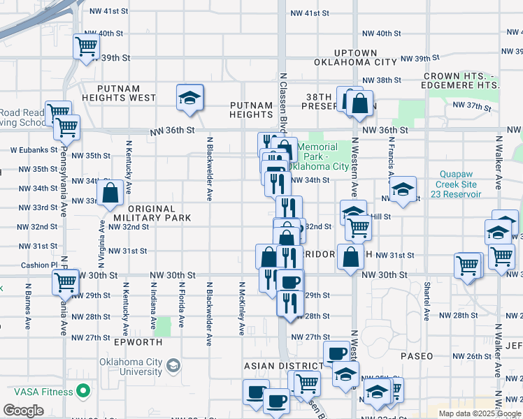 map of restaurants, bars, coffee shops, grocery stores, and more near 1433 Northwest 32nd Street in Oklahoma City