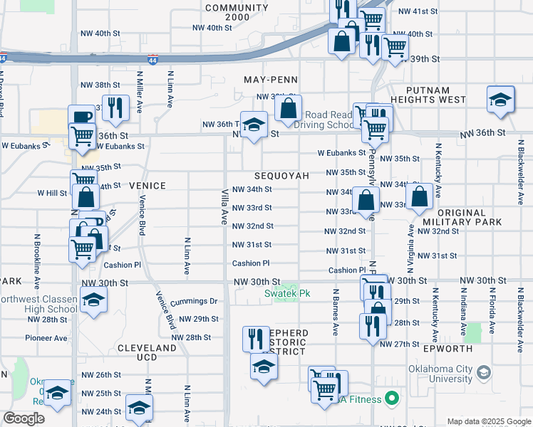 map of restaurants, bars, coffee shops, grocery stores, and more near 2337 Northwest 32nd Street in Oklahoma City