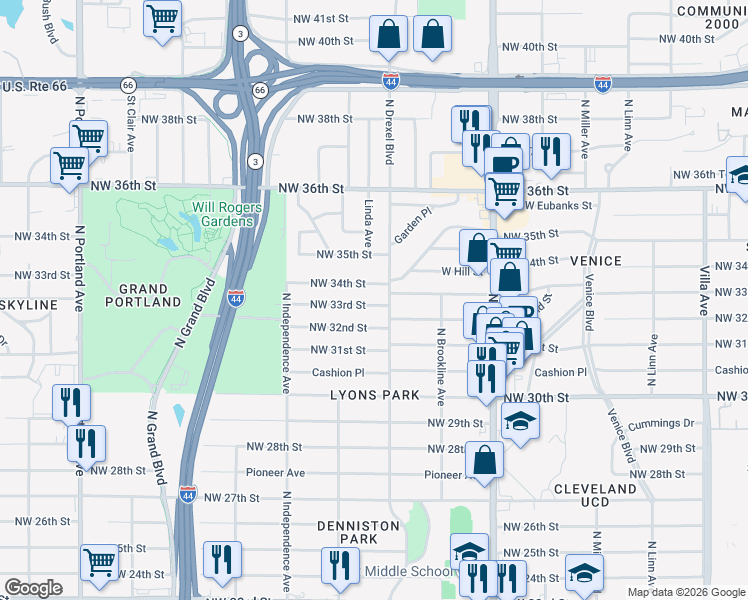 map of restaurants, bars, coffee shops, grocery stores, and more near 3104 Northwest 33rd Street in Oklahoma City
