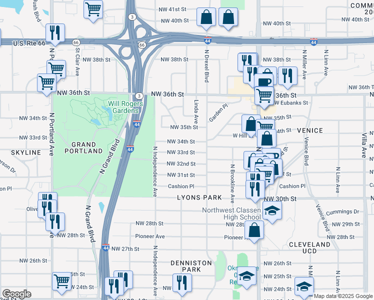 map of restaurants, bars, coffee shops, grocery stores, and more near 3140 Northwest 33rd Street in Oklahoma City