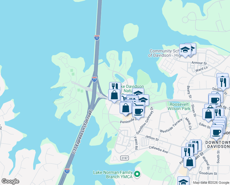map of restaurants, bars, coffee shops, grocery stores, and more near 207 Harbour Place Drive in Davidson