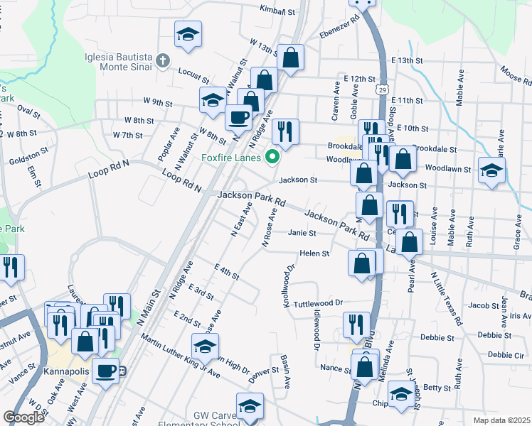 map of restaurants, bars, coffee shops, grocery stores, and more near 517 North Rose Avenue in Kannapolis