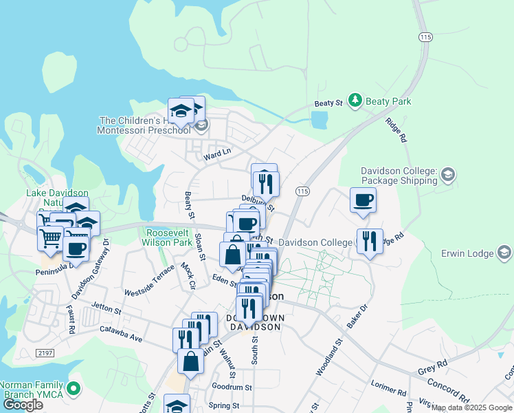 map of restaurants, bars, coffee shops, grocery stores, and more near 209 Delburg Street in Davidson