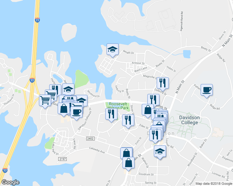 map of restaurants, bars, coffee shops, grocery stores, and more near 108 Lake Davidson Circle in Davidson