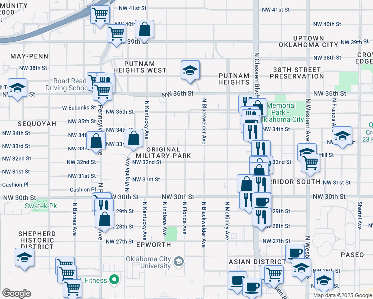 map of restaurants, bars, coffee shops, grocery stores, and more near 3316 North Florida Avenue in Oklahoma City