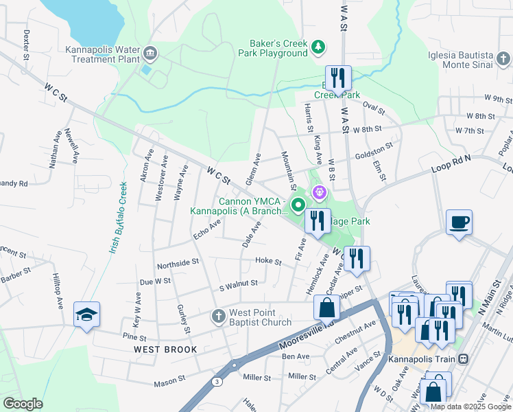 map of restaurants, bars, coffee shops, grocery stores, and more near 1009 West C Street in Kannapolis