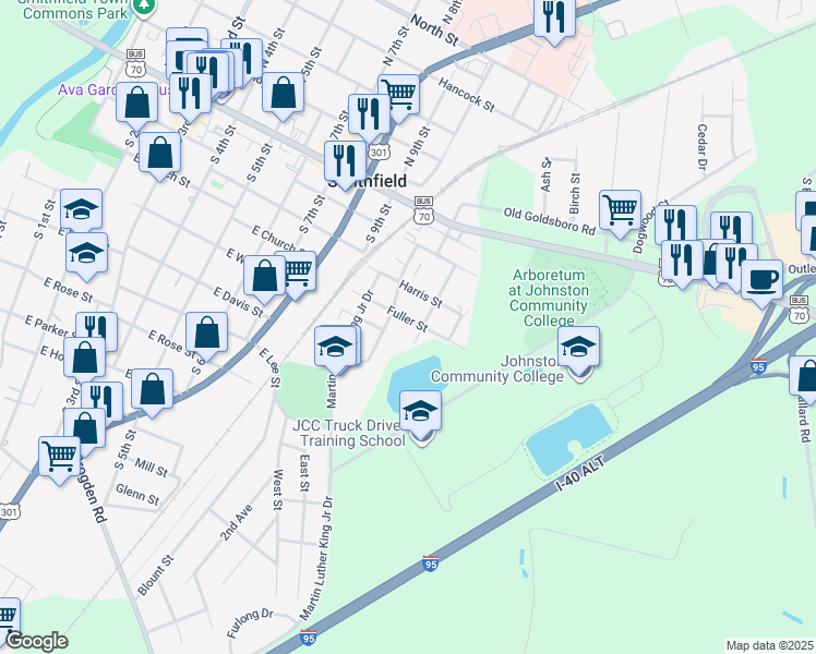 map of restaurants, bars, coffee shops, grocery stores, and more near 403 Durham Street in Smithfield