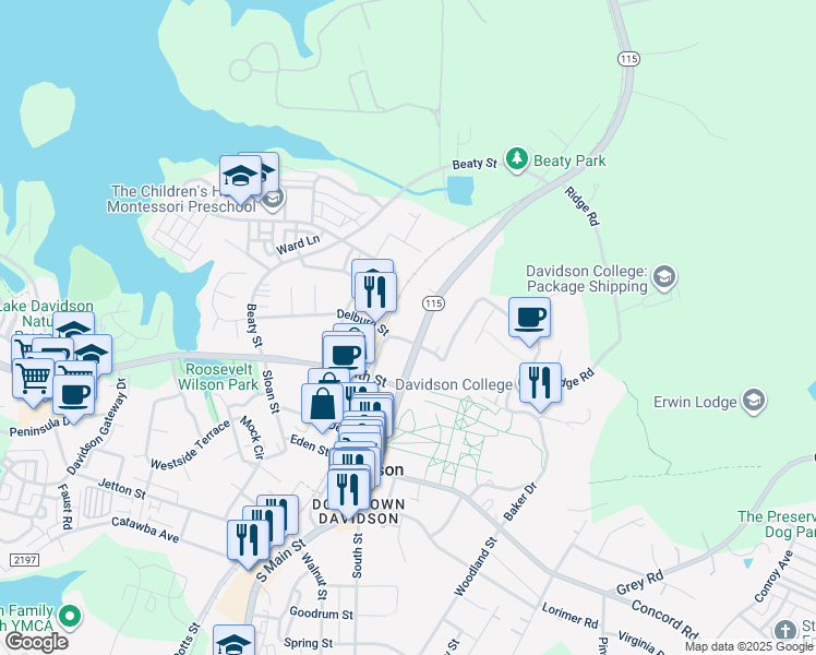 map of restaurants, bars, coffee shops, grocery stores, and more near 511 North Main Street in Davidson