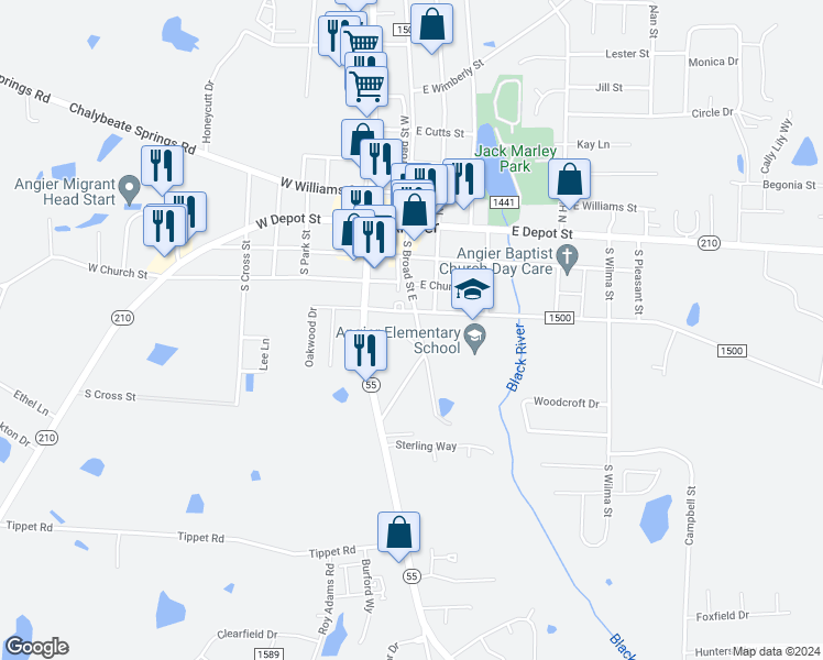 map of restaurants, bars, coffee shops, grocery stores, and more near 42 Old Trestle Court in Angier