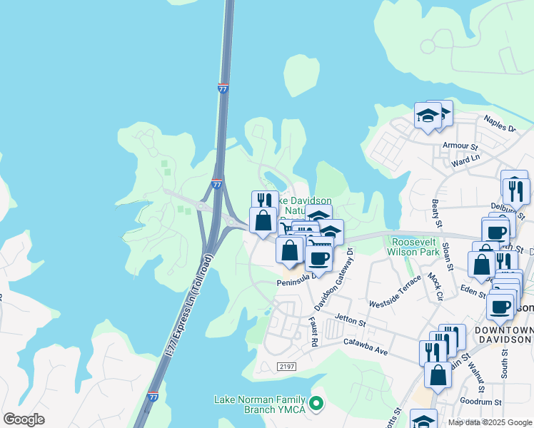 map of restaurants, bars, coffee shops, grocery stores, and more near 211 Harbour Place Drive in Davidson