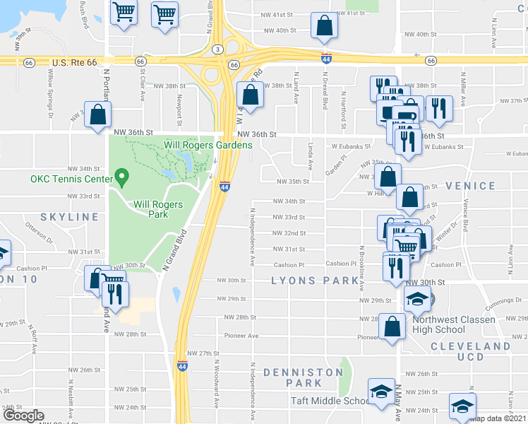 map of restaurants, bars, coffee shops, grocery stores, and more near 3233 Northwest 33rd Street in Oklahoma City