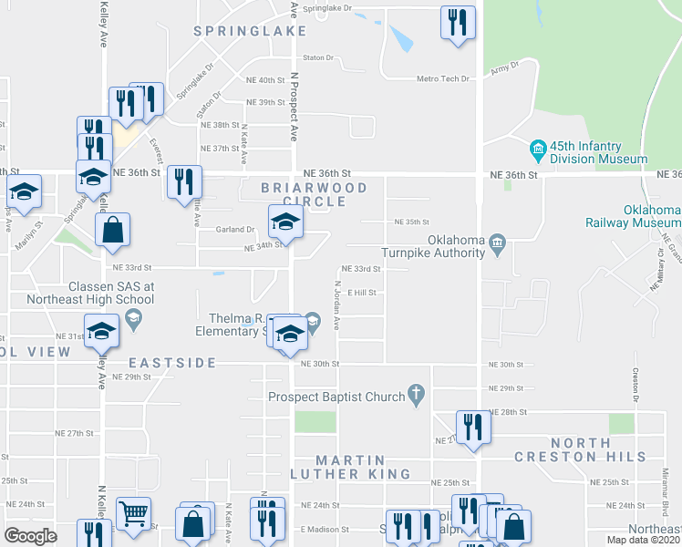 map of restaurants, bars, coffee shops, grocery stores, and more near 1600 Northeast 33rd Street in Oklahoma City