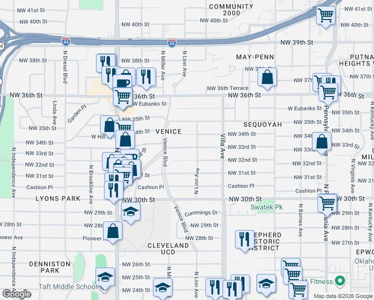 map of restaurants, bars, coffee shops, grocery stores, and more near 2616 Northwest 33rd Street in Oklahoma City