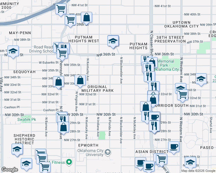 map of restaurants, bars, coffee shops, grocery stores, and more near 3315 North Florida Avenue in Oklahoma City