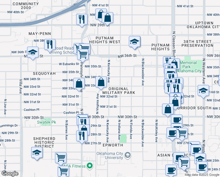 map of restaurants, bars, coffee shops, grocery stores, and more near 3314 North Kentucky Avenue in Oklahoma City