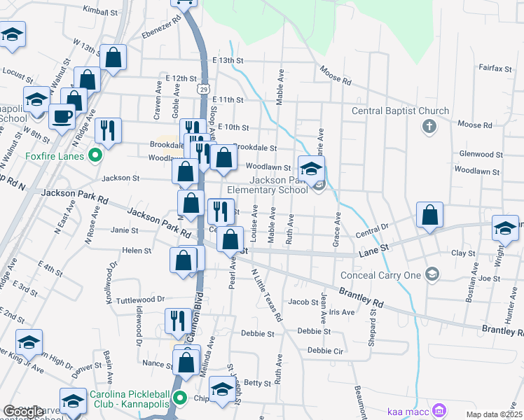 map of restaurants, bars, coffee shops, grocery stores, and more near 1103 Venus Street in Kannapolis