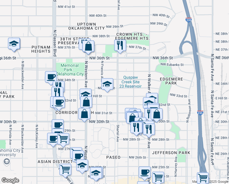 map of restaurants, bars, coffee shops, grocery stores, and more near 3333 North Shartel Avenue in Oklahoma City